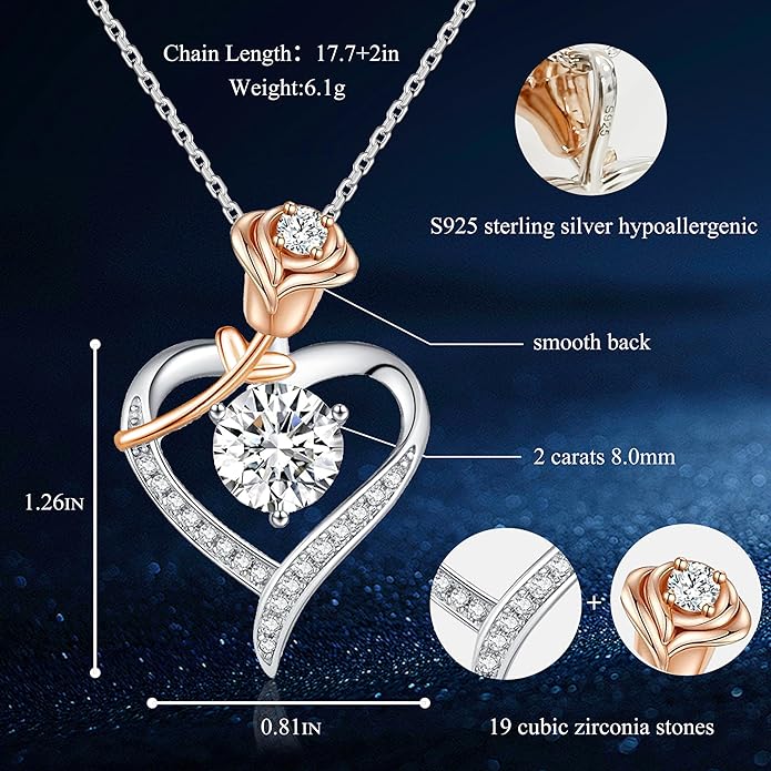 immobird 2 Carat Moissanite Necklace for Wife S925 Silver Rose Lab-Created Gem Heart Necklaces for Women Girlfriend Special Occasions Gifts Valentine's Day Gift