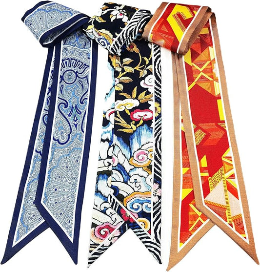 Skinny Scarf 3 Pack for Women – Bag Scarf, Silk Hair Scarves (Original Prints, Premium Twill, 3 Designs)