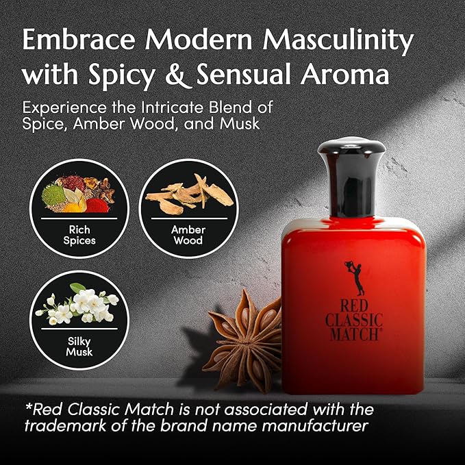 PB ParfumsBelcam Red Classic Match Eau de Toilette - Spicy Woody Amber Fragrance for Men, Long-Lasting Masculine Scent, Affordable Cologne Alternative, Signature Fragrance - 2.54 Fl Oz