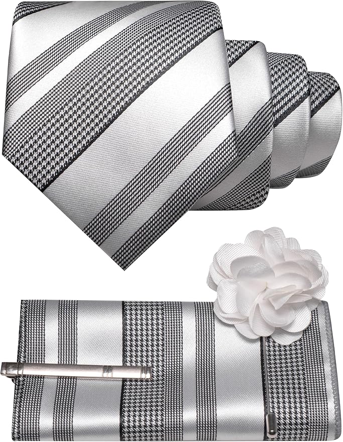 JEMYGINS Mens Striped Tie and Lapel Pin Necktie Pocket Square and Tie Clip Sets for Business Casual 4PCS