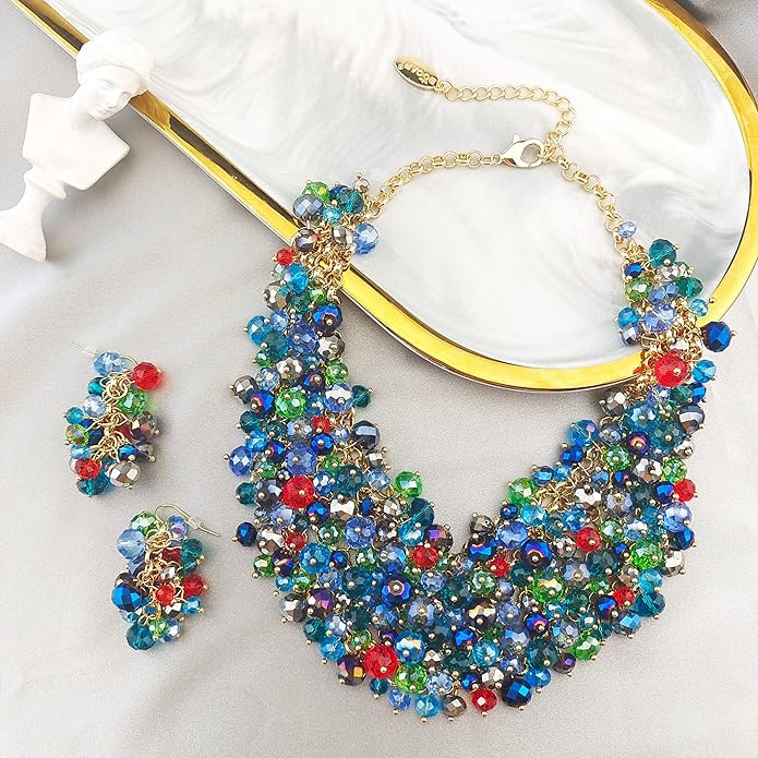 Bocar Fashion Crystal Chunky Collar Statement Necklace Earring Set for Women Gift (NK-10260)