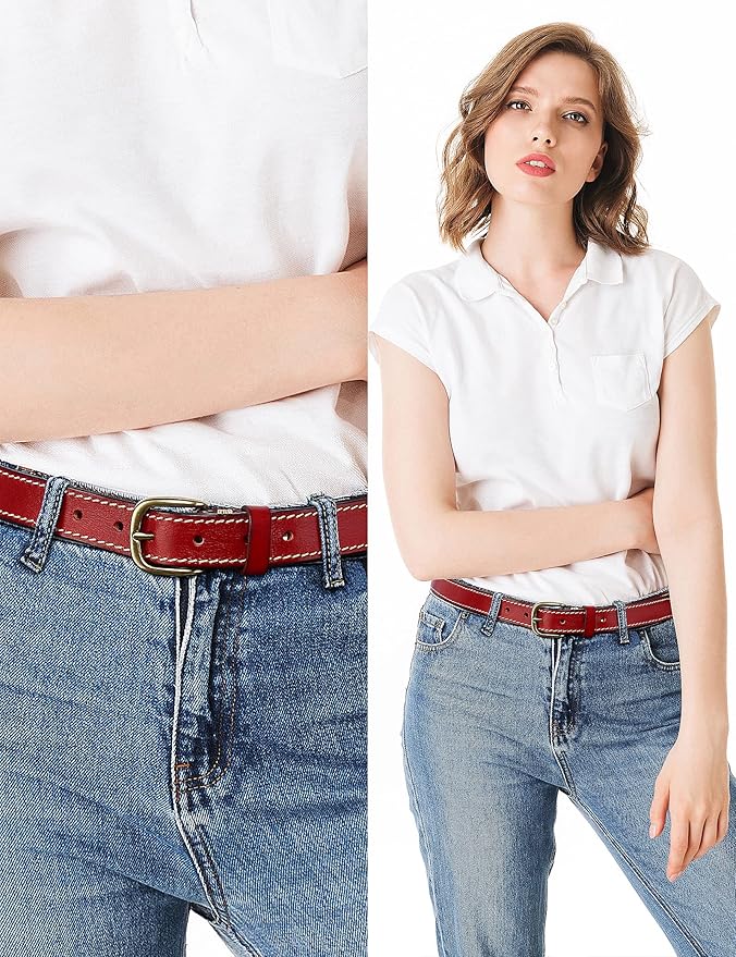 Womens Belts for Jeans 1.1" Width Ladies Belts for Dresses Full Grain Leather Gold Buckle Belt Gift Box