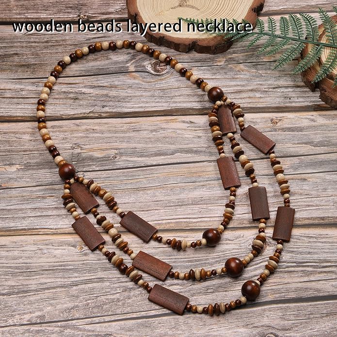 MILAKOO Wood Beads Necklace & Earrings for Women Chunky Multi-Layering Choker Necklace Ear Pendant