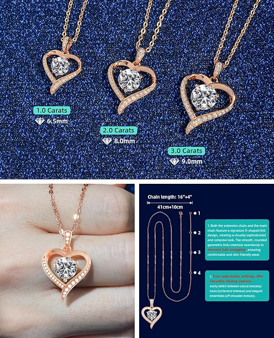 Heart Pendent Necklaces for Women, 1-3ct Moissanite Necklace with I love U Engraving - Anniversary Birthday Gifts for Women Her Wife Girlfriend Mom, 925 Silver Jewelry