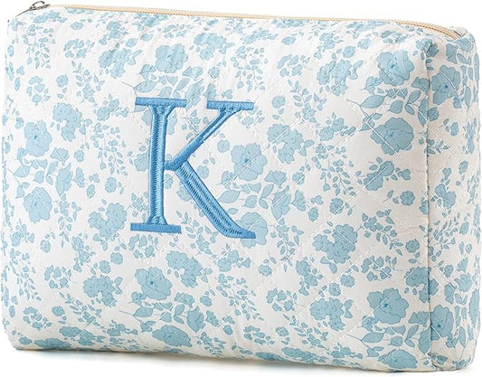 HBselect Initial Quilted Makeup Bag, Cotton Large Travel Makeup Bag, Cute Floral Coquette Make up Bag Cosmetic Bag Toiletry Bag for Women Girls K
