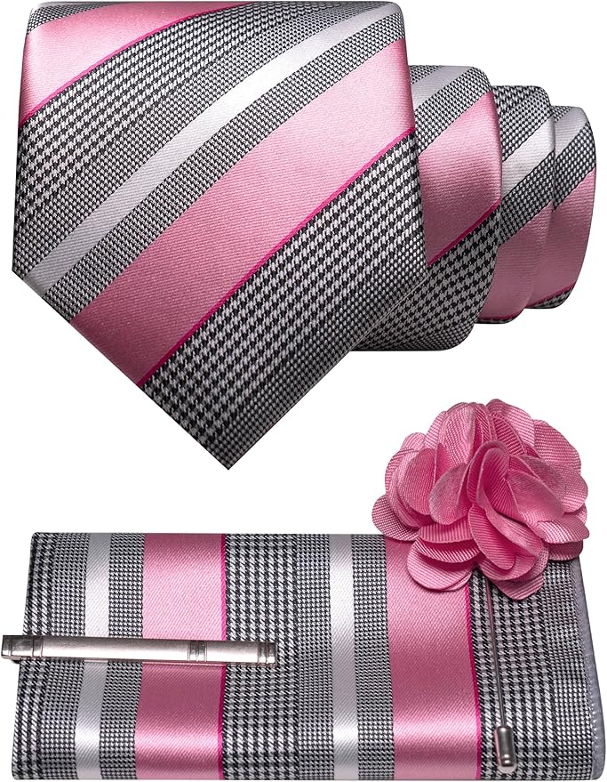 JEMYGINS Mens Striped Tie and Lapel Pin Necktie Pocket Square and Tie Clip Sets for Business Casual 4PCS