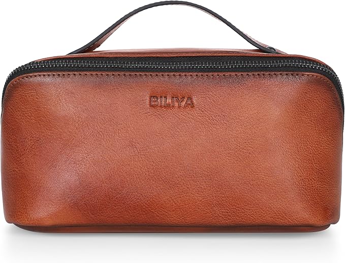 Hand Rubbed Genuine Leather Makeup Bag Vintage Brown Cowhide Cosmetic Case with Handle Handmade Travel Organizer for Women