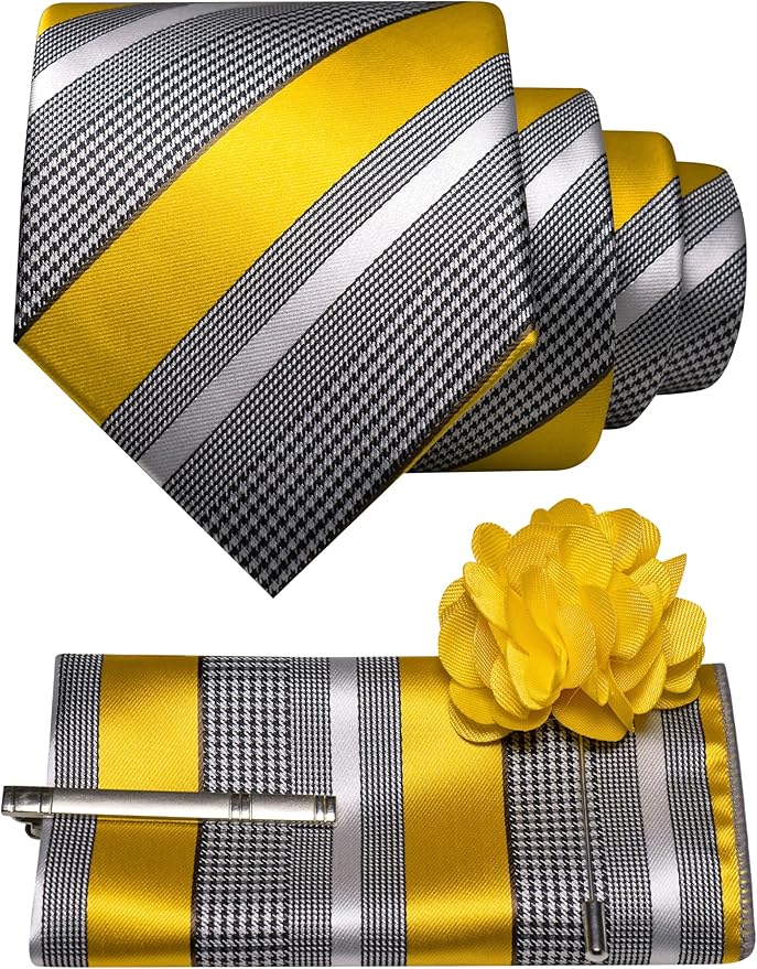 JEMYGINS Mens Striped Tie and Lapel Pin Necktie Pocket Square and Tie Clip Sets for Business Casual 4PCS