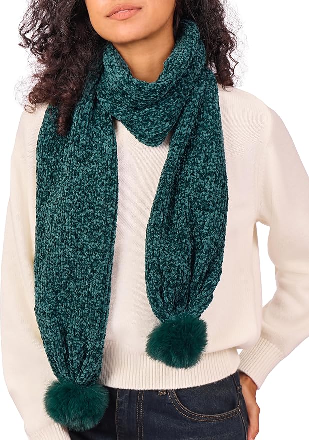 Womens Chenille Scarf with Pompom Winter Knit Warm Scarves for Cold Weather with Gift Box