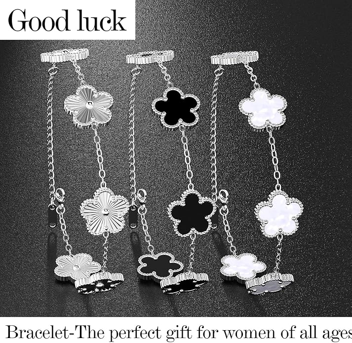 AICase 18K Gold Plated Clover Bracelet Dupes White/Black/Silver Bracelet Set for Women Flower Leaf Lucky Clover Bracelets Trendy Jewelry Birthday Gifts for Women/MoM/Daughter/Nana/Besties/Friends