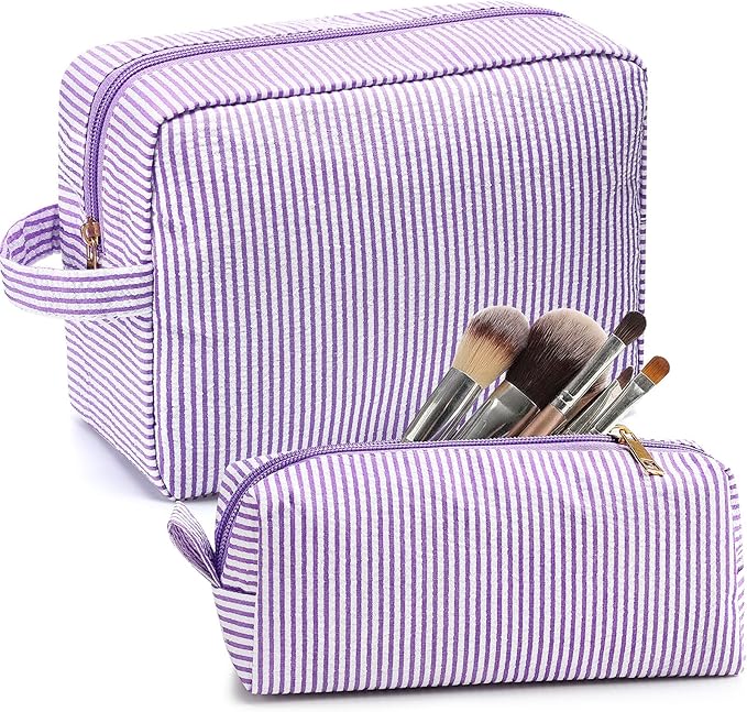 Sanwuta 2 Pcs Makeup Bag Set Seersucker Cosmetic Bag for Women Cute Stripe Travel Toiletry Organizer Aesthetic Preppy Storage Pouch for Girls Wedding Bridesmaid Valentine's Day Gifts(Purple)