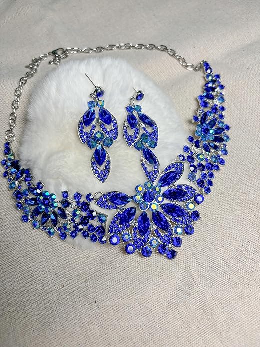Women Jewelry Set Rhinestone Crystal Green Bride Statement Choker Necklace Teardrop Cluster Dangle Earrings Set for Wedding Party