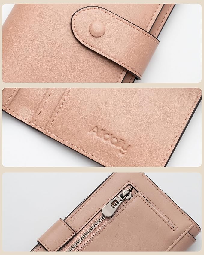 RFID Blocking Leather Wallet for Women, Slim Trifold with 14 Card Slots and Zipper Pocket (Dark Pink)