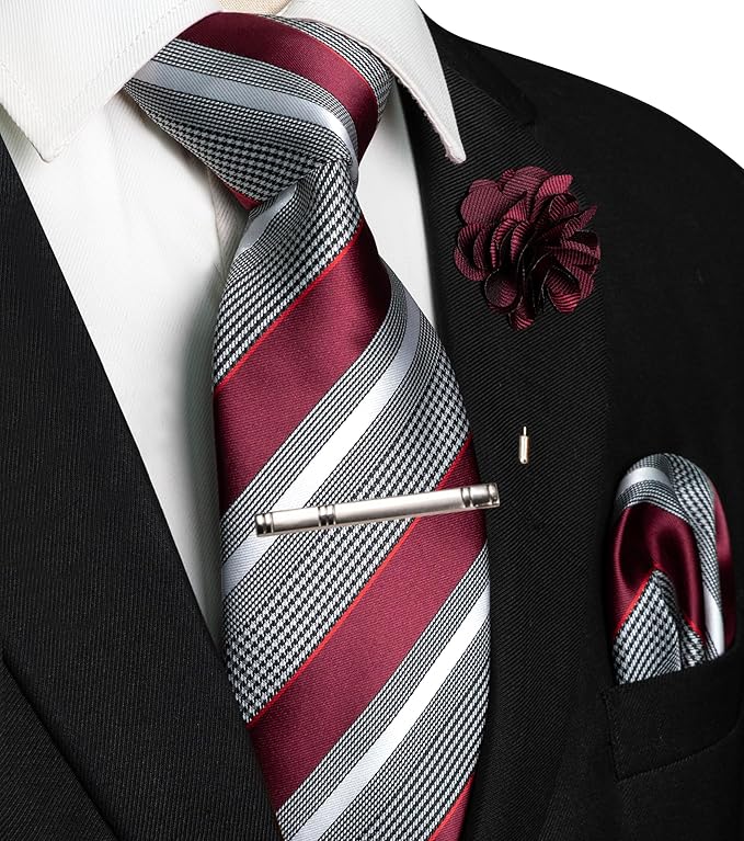 JEMYGINS Mens Striped Tie and Lapel Pin Necktie Pocket Square and Tie Clip Sets for Business Casual 4PCS