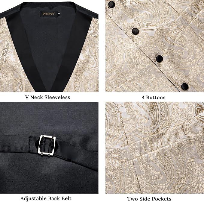 DiBanGu Mens Paisley Suit Vest Silk Jacquard Waistcoat and Necktie Set Formal Shawl Collar Dress Vest 7PCS for Wedding Party