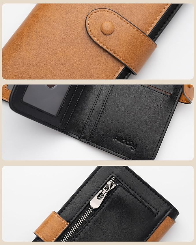 RFID Blocking Leather Wallet for Women, Slim Trifold with 14 Card Slots and Zipper Pocket (Brown&Black)