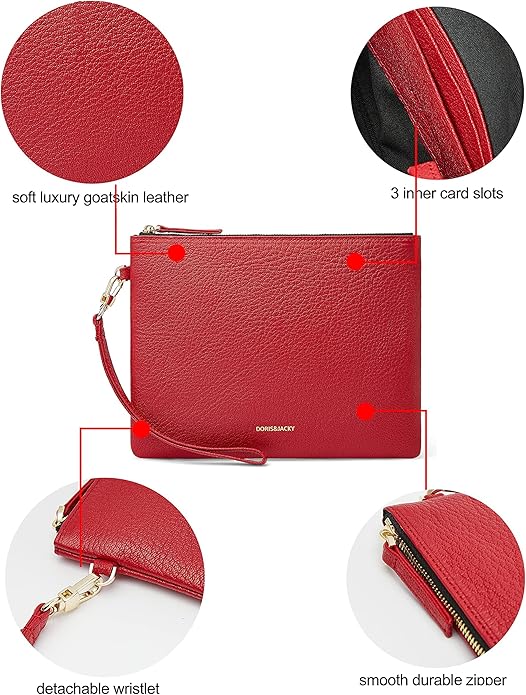 DORIS&JACKY Lambskin Leather Wristlet Clutch Purse for Women Soft Designer Slim Cell Phone Pouch Bag with Detachable Strap