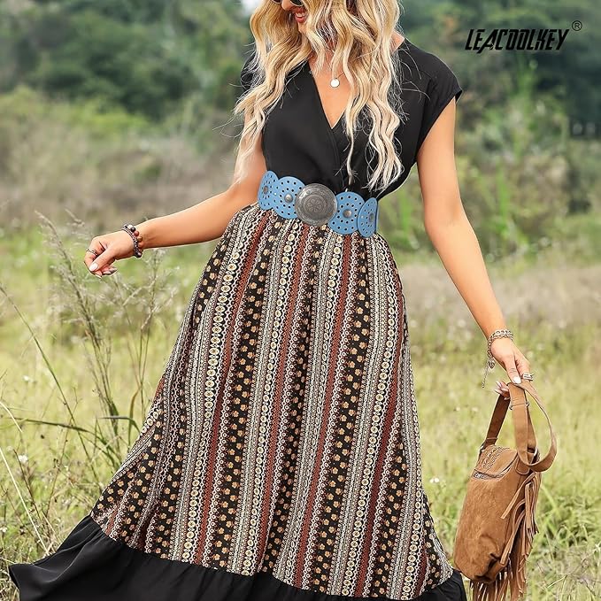 LEACOOLKEY Women's Boho Disc Belt Wide Western Leather Belt Vintage Concho Waist Belts for Dress Jeans