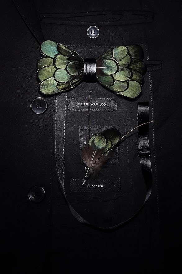 RBOCOTT Handmade Feather Pre-tied Bow tie and Brooch Sets for Men