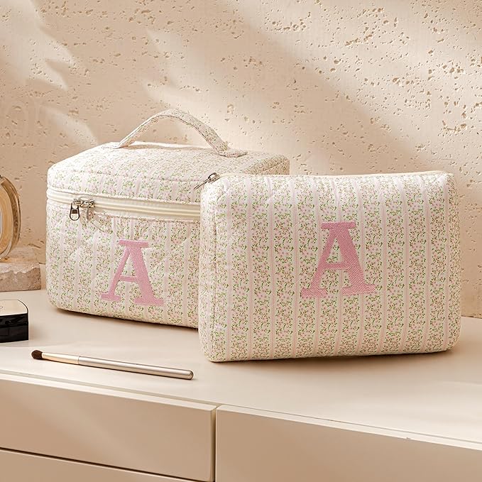 HBselect 2Pcs Initial Quilted Makeup Bag, Pink Cosmetic Travel Toiletry Bag, Flowers Coquette Zipper Make Up Pouch Organizer Teen Girl Gift Trendy Stuff J