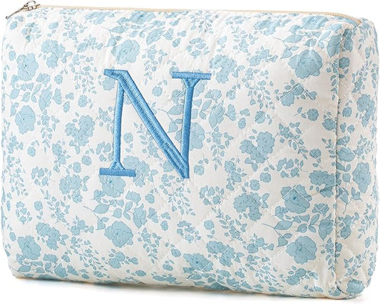 HBselect Initial Quilted Makeup Bag, Cotton Large Travel Makeup Bag, Cute Floral Coquette Make up Bag Cosmetic Bag Toiletry Bag for Women Girls N