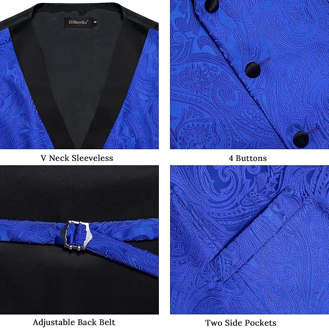 DiBanGu Mens Paisley Suit Vest Silk Jacquard Waistcoat and Necktie Set Formal Shawl Collar Dress Vest 7PCS for Wedding Party
