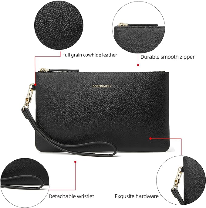 DORIS&JACKY Small Leather Wristlet Clutch Purse for Women Slim Designer Wallet and Cellphone Pouch Bag With Detachable Strap