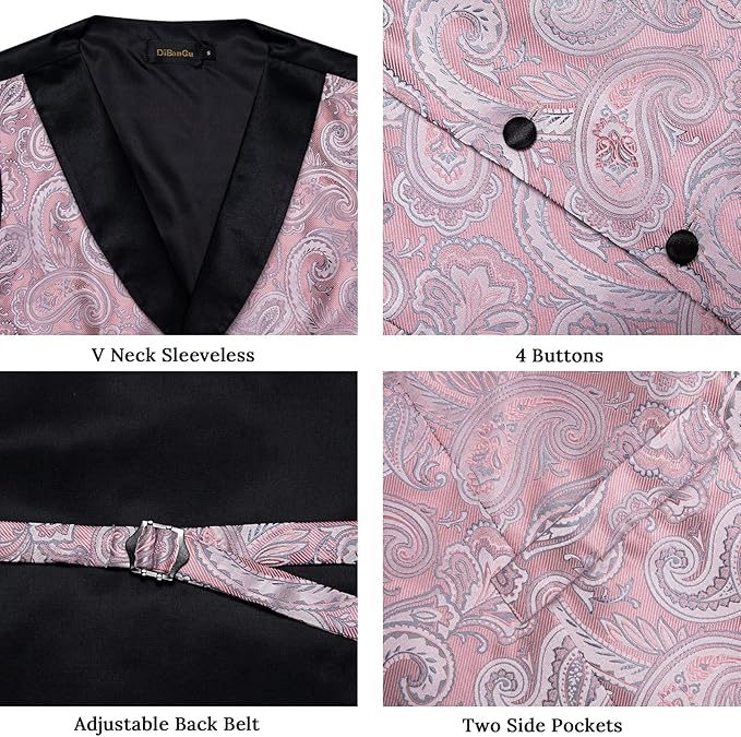 DiBanGu Mens Paisley Suit Vest Silk Jacquard Waistcoat and Necktie Set Formal Shawl Collar Dress Vest 7PCS for Wedding Party