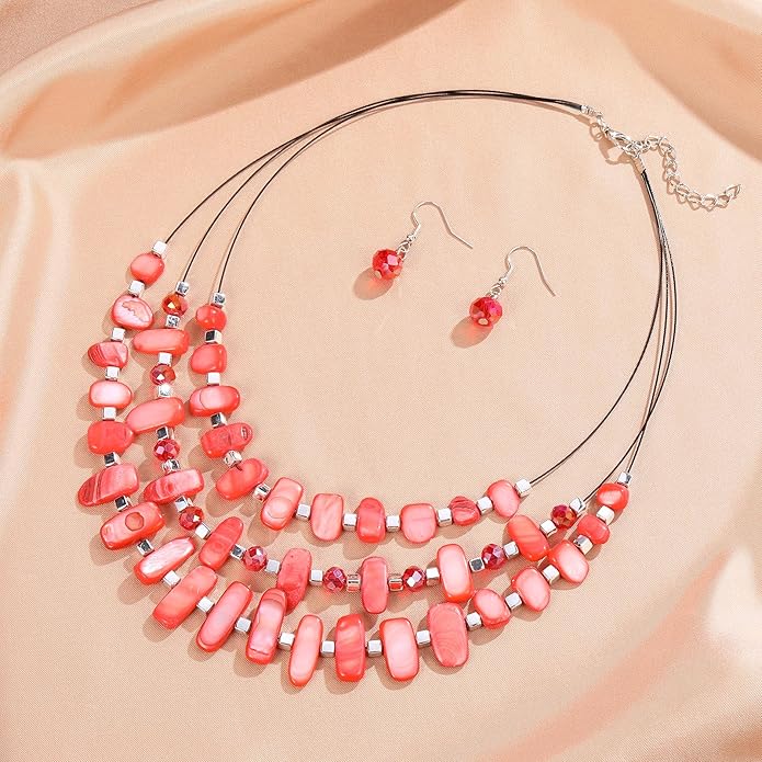 3 Layered Chunky Statement Necklace for Women Beaded Strand Necklaces with Earring Fashion Costumes Collar Necklace Jewelry Sets Gifts for Women