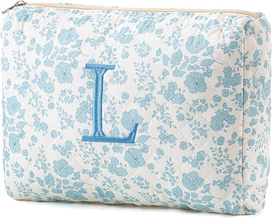 HBselect Initial Quilted Makeup Bag, Cotton Large Travel Makeup Bag, Cute Floral Coquette Make up Bag Cosmetic Bag Toiletry Bag for Women Girls L