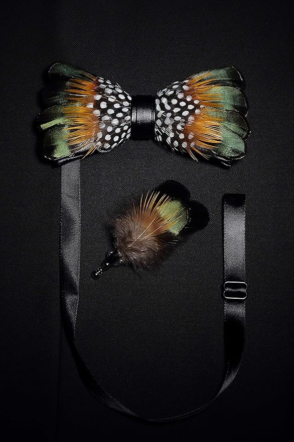 RBOCOTT Handmade Feather Pre-tied Bow tie and Brooch Sets for Men