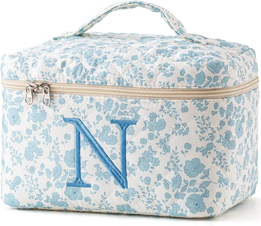HBselect Initial Quilted Makeup Bag, Cotton Large Travel Makeup Bag, Cute Floral Coquette Make up Bag Cosmetic Bag Toiletry Bag for Women Girls N