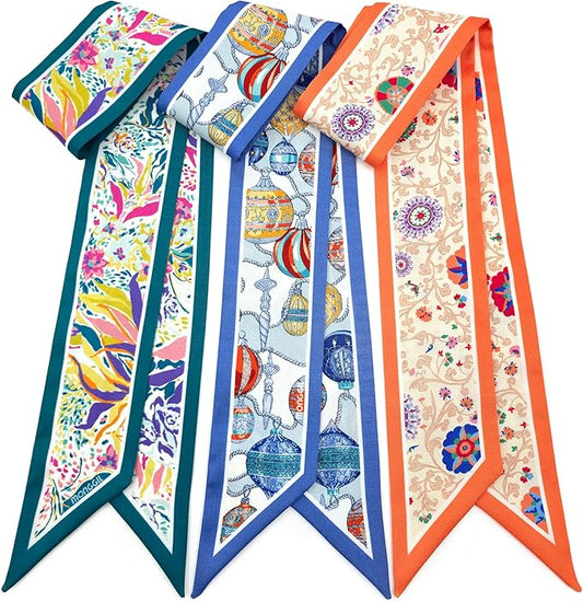 Skinny Scarf 3 Pack for Women – Bag Scarf, Silk Hair Scarves (Original Prints, Premium Twill, 3 Designs)