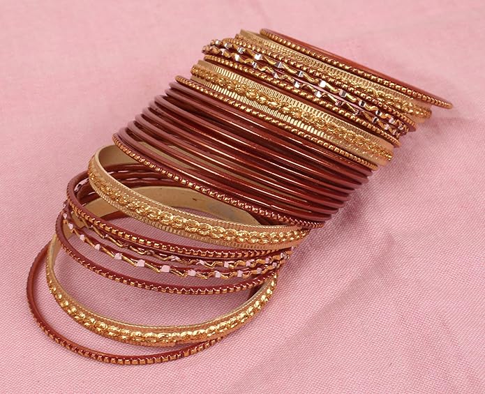 Touchstone Indian Metal Bangles for Women Gold Alloy Bracelets desi 2 Dozen Bangle Collection Bollywood Women's Jewelry Set Multi Stacking Wide Chunky Textured Golden Set of 24 in Gold or White Tone