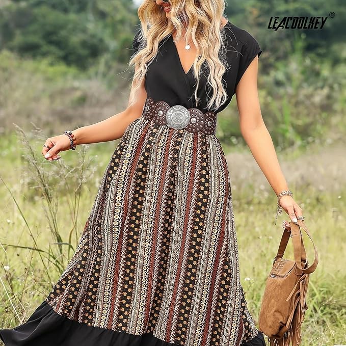 LEACOOLKEY Women's Boho Disc Belt Wide Western Leather Belt Vintage Concho Waist Belts for Dress Jeans