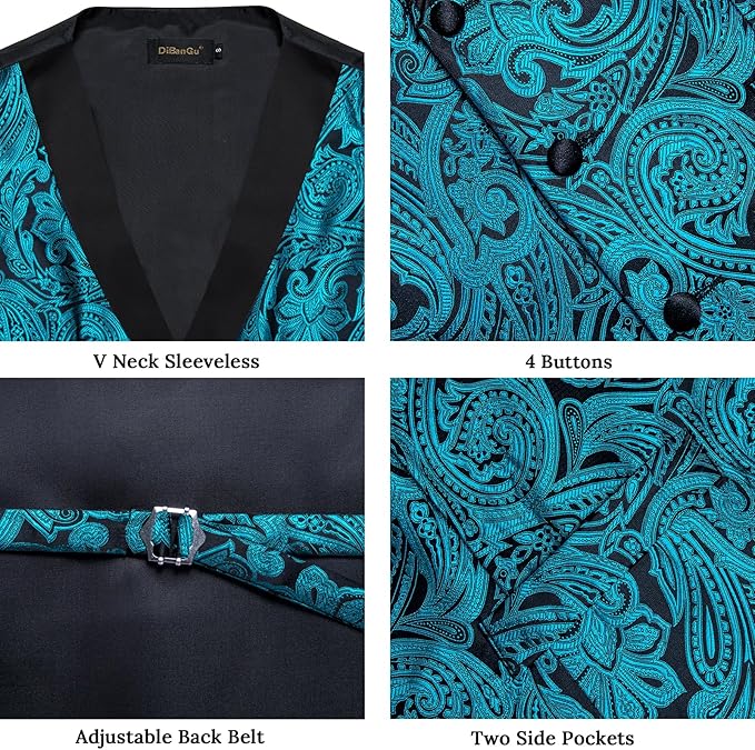 DiBanGu Mens Paisley Suit Vest Silk Jacquard Waistcoat and Necktie Set Formal Shawl Collar Dress Vest 7PCS for Wedding Party