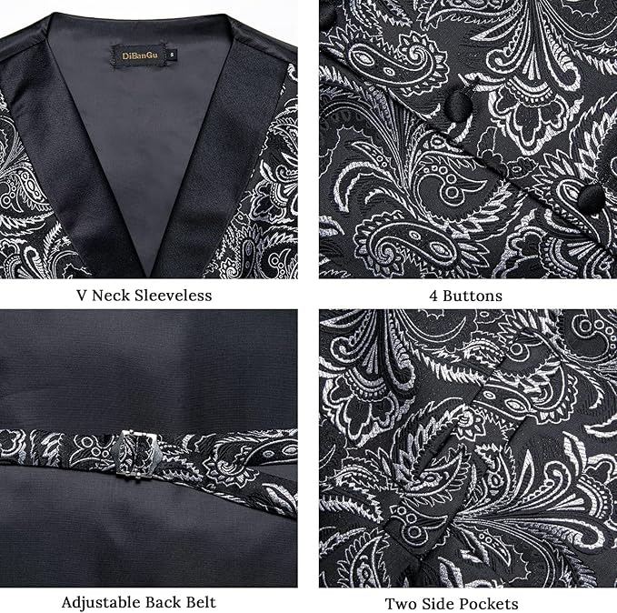 DiBanGu Mens Paisley Suit Vest Silk Jacquard Waistcoat and Necktie Set Formal Shawl Collar Dress Vest 7PCS for Wedding Party