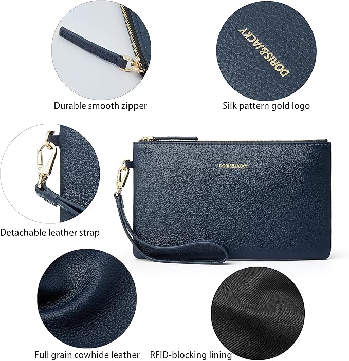 DORIS&JACKY Small Leather Wristlet Clutch Purse for Women Slim Designer Wallet and Cellphone Pouch Bag With Detachable Strap