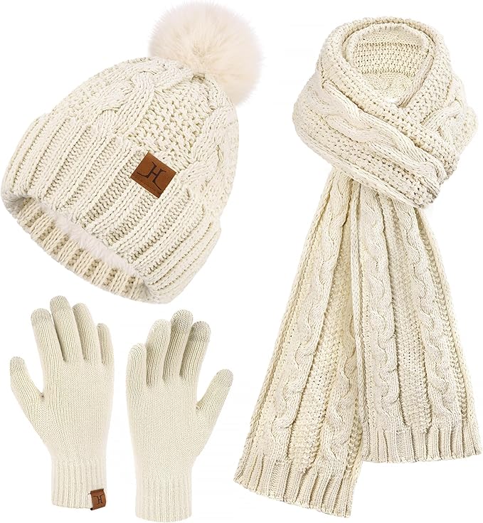 Womens Winter Beanie Hats Scarf Touchscreen Gloves Set Chenille Knit Fleece Lined Beanies Pompom Hat Scarves