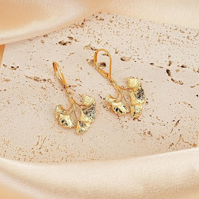 Large Gold Earrings for Women, Chunky Gold Statement Drop Dangle Earring Maple Leave Ginko Leaf Jewelry Gifts