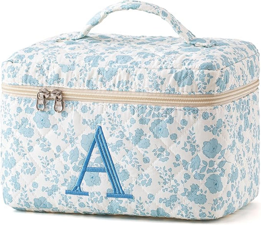 HBselect Initial Quilted Makeup Bag, Cotton Large Travel Make up Bag, Cute Floral Coquette Cosmetic Bag Toiletry Bag for Women Girls A