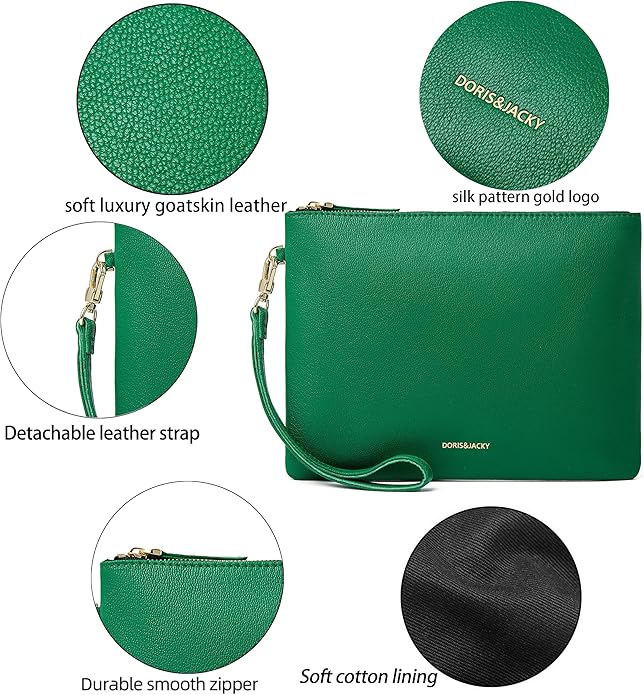 DORIS&JACKY Lambskin Leather Wristlet Clutch Purse for Women Soft Designer Slim Cell Phone Pouch Bag with Detachable Strap