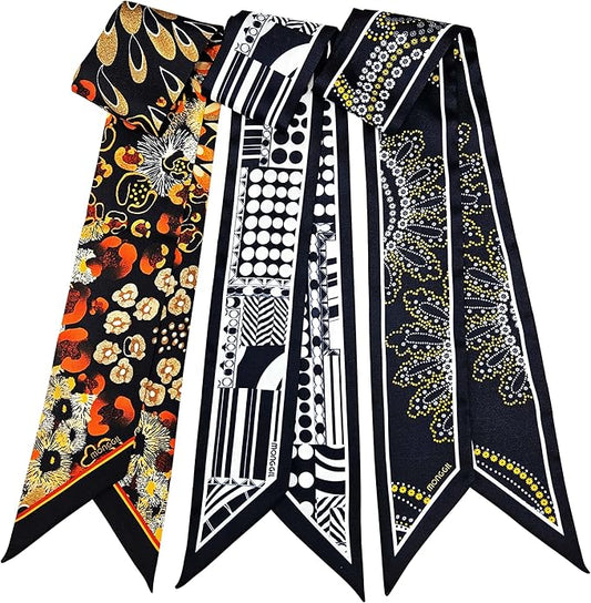 Skinny Scarf 3 Pack for Women – Bag Scarf, Silk Hair Scarves (Original Prints, Premium Twill, 3 Designs)