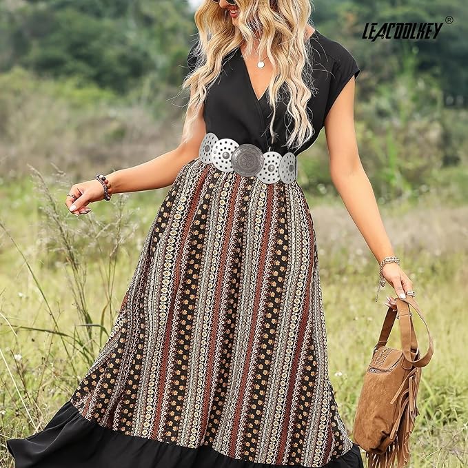 LEACOOLKEY Women's Boho Disc Belt Wide Western Leather Belt Vintage Concho Waist Belts for Dress Jeans