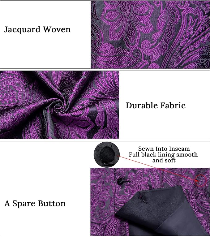 DiBanGu Mens Paisley Suit Vest Silk Jacquard Waistcoat and Necktie Set Formal Shawl Collar Dress Vest 7PCS for Wedding Party