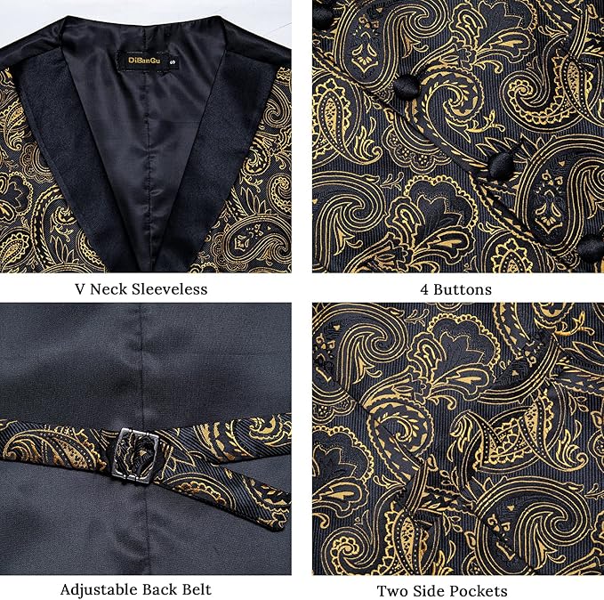 DiBanGu Mens Paisley Suit Vest Silk Jacquard Waistcoat and Necktie Set Formal Shawl Collar Dress Vest 7PCS for Wedding Party