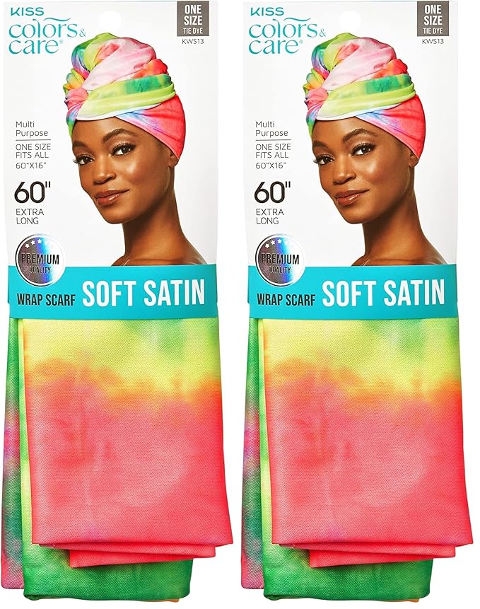 KISS COLORS & CARE Soft Satin Wrap Scarf - Tie Dye, Fashionable Multi-Purpose, Premium Hair Scarf for Minimizing Frizz, Chic & Comfortable, Preventing Breakage & Securing a Variety of Hair Styles