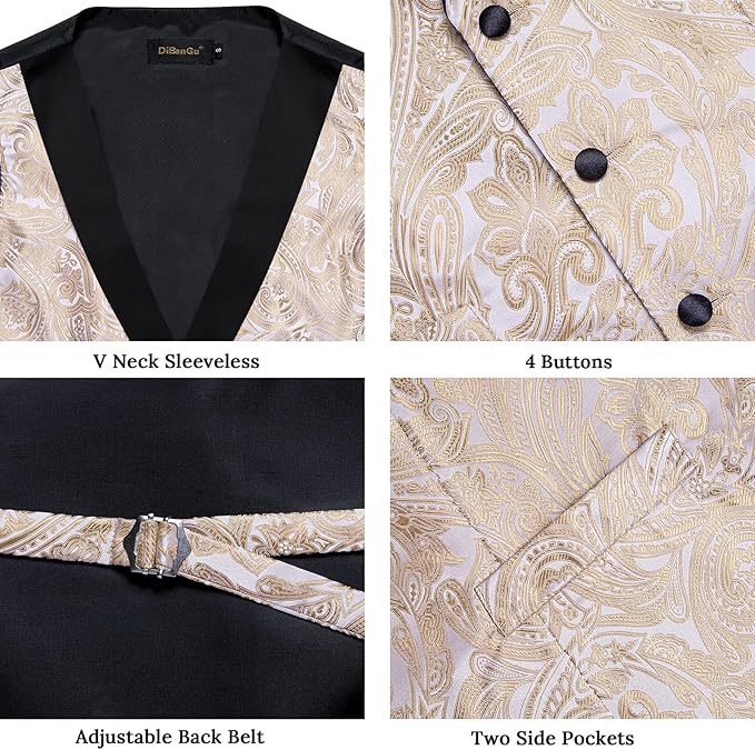 DiBanGu Mens Paisley Suit Vest Silk Jacquard Waistcoat and Necktie Set Formal Shawl Collar Dress Vest 7PCS for Wedding Party