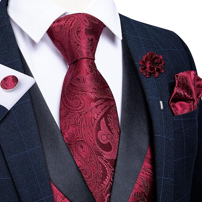 DiBanGu Mens Paisley Suit Vest Silk Jacquard Waistcoat and Necktie Set Formal Shawl Collar Dress Vest 7PCS for Wedding Party
