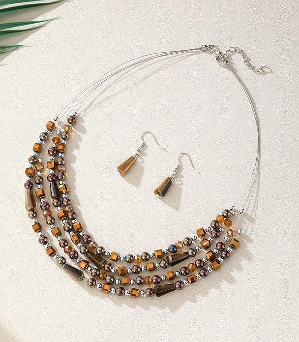 Layered Beaded Statement Necklace Multi Strand Crystal Beads Collar Necklace and Earring Sets for Women Fashion Costume Jewelry Set Gifts for Her